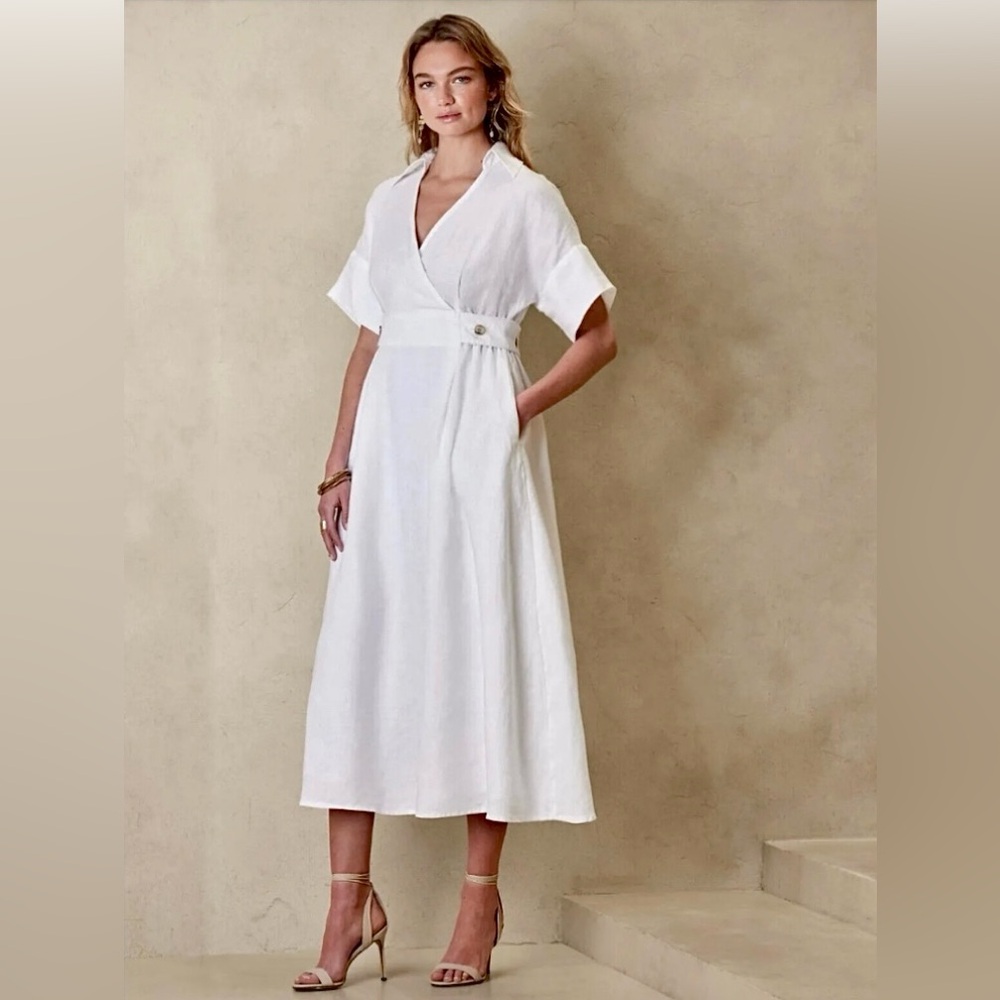 BANANA REPUBLIC Sedona White 100% Linen Midi Dress NEW NEVER WORN